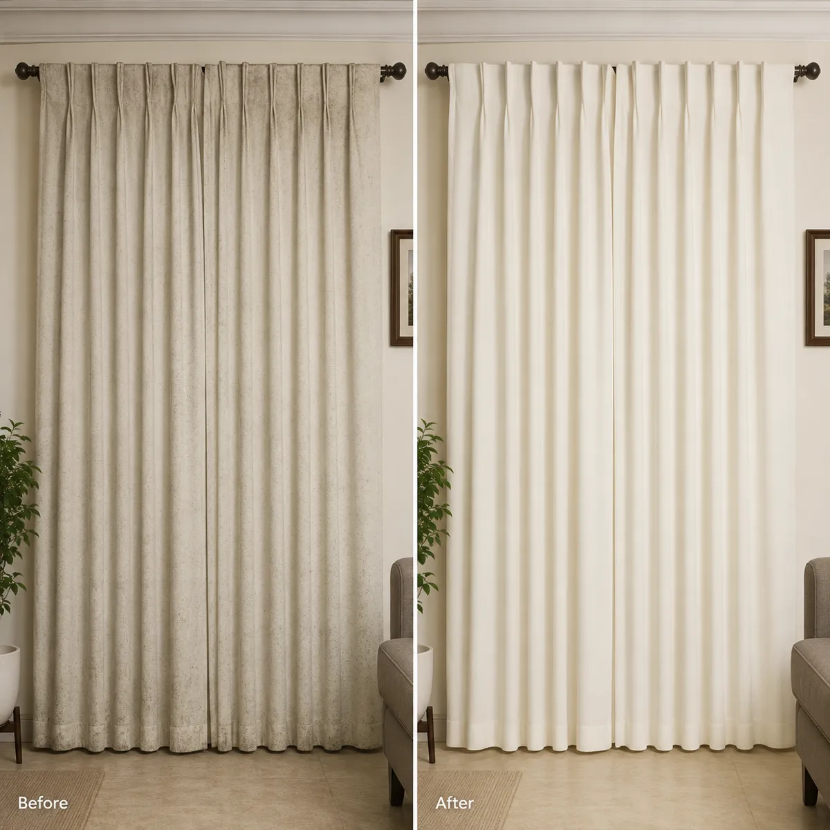 Before and after floor-to-ceiling curtain steam cleaning