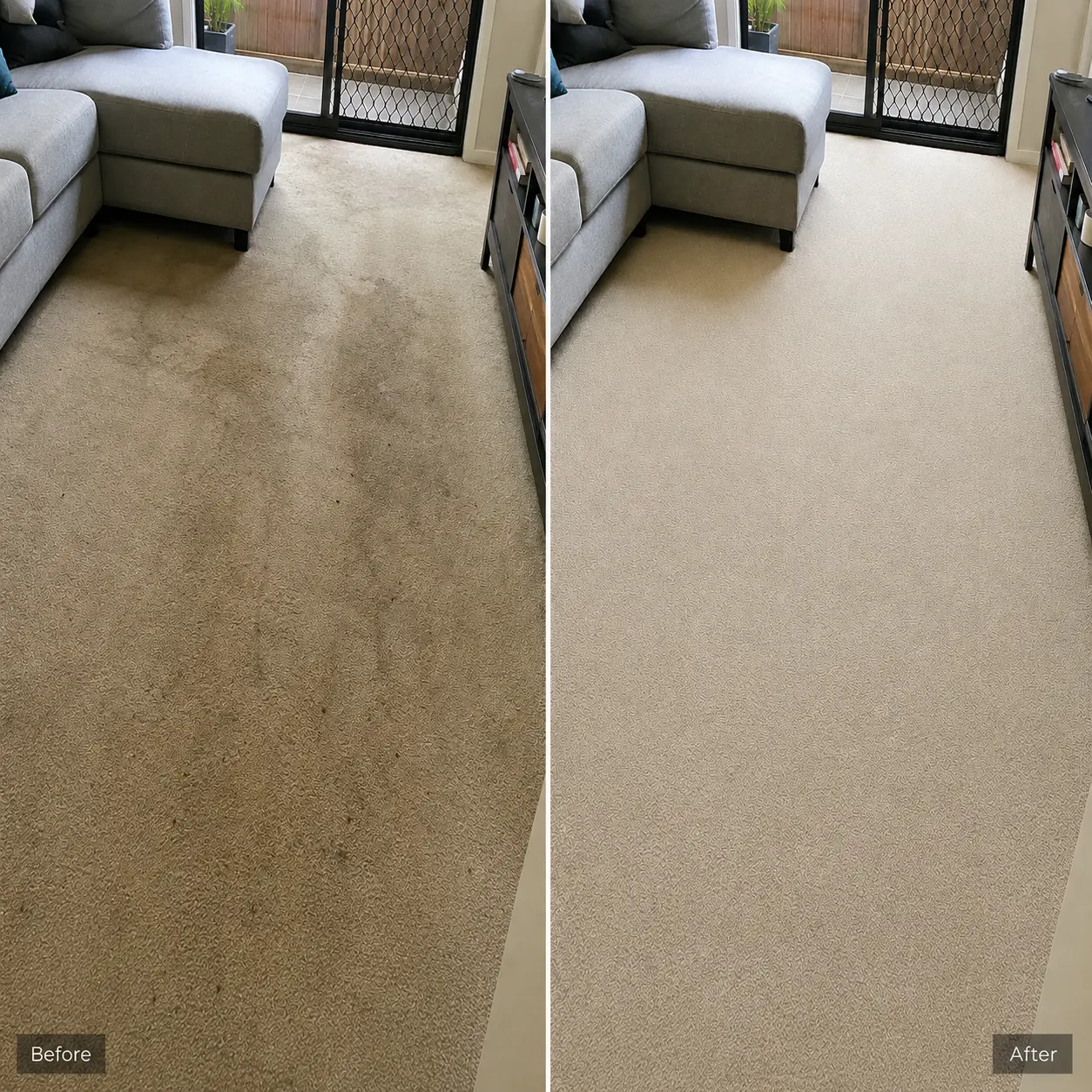 Before and after carpet steam cleaning in a Melbourne living room