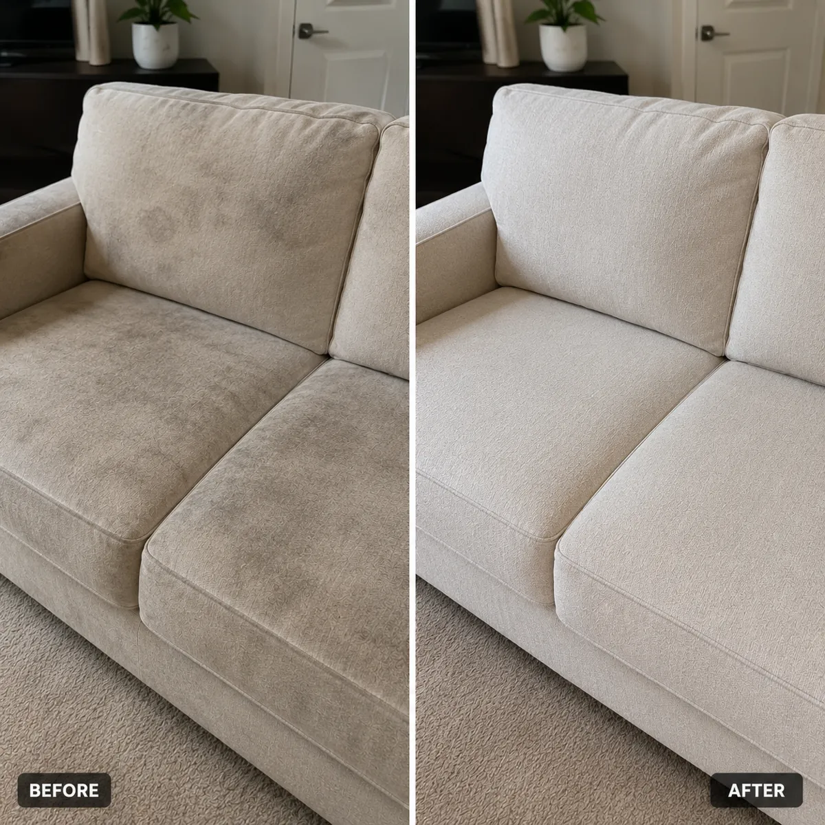 Before and after fabric sofa stain removal in a Melbourne lounge