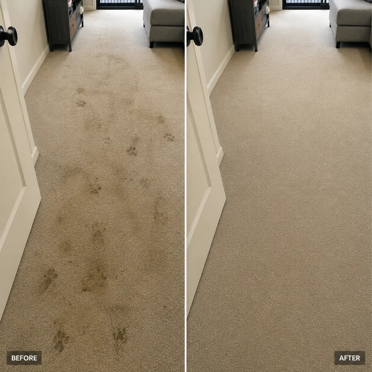 Before and after muddy pet paw print carpet cleaning in a lounge