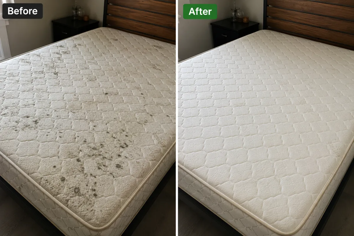 Before and after heavily soiled mattress cleaning result