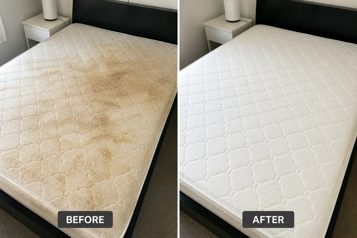 Before and after mattress stain cleaning in a Melbourne bedroom
