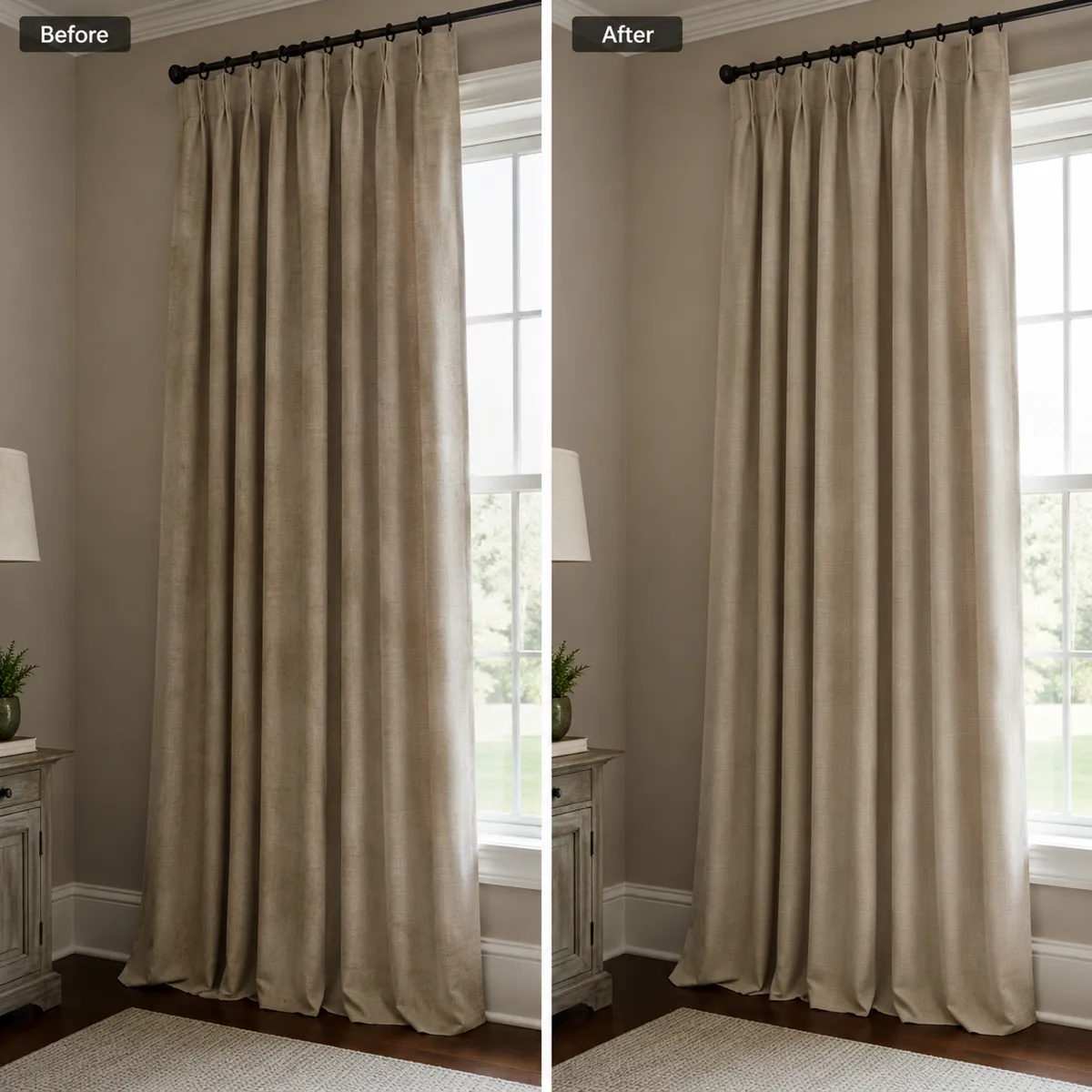 Before and after linen curtain dry cleaning in a living room