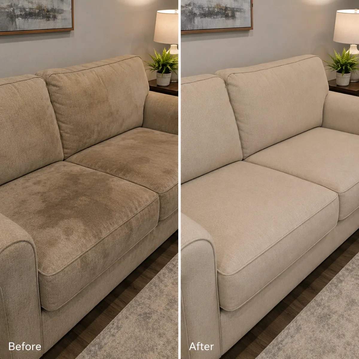 Before and after upholstery stain treatment on a fabric armchair