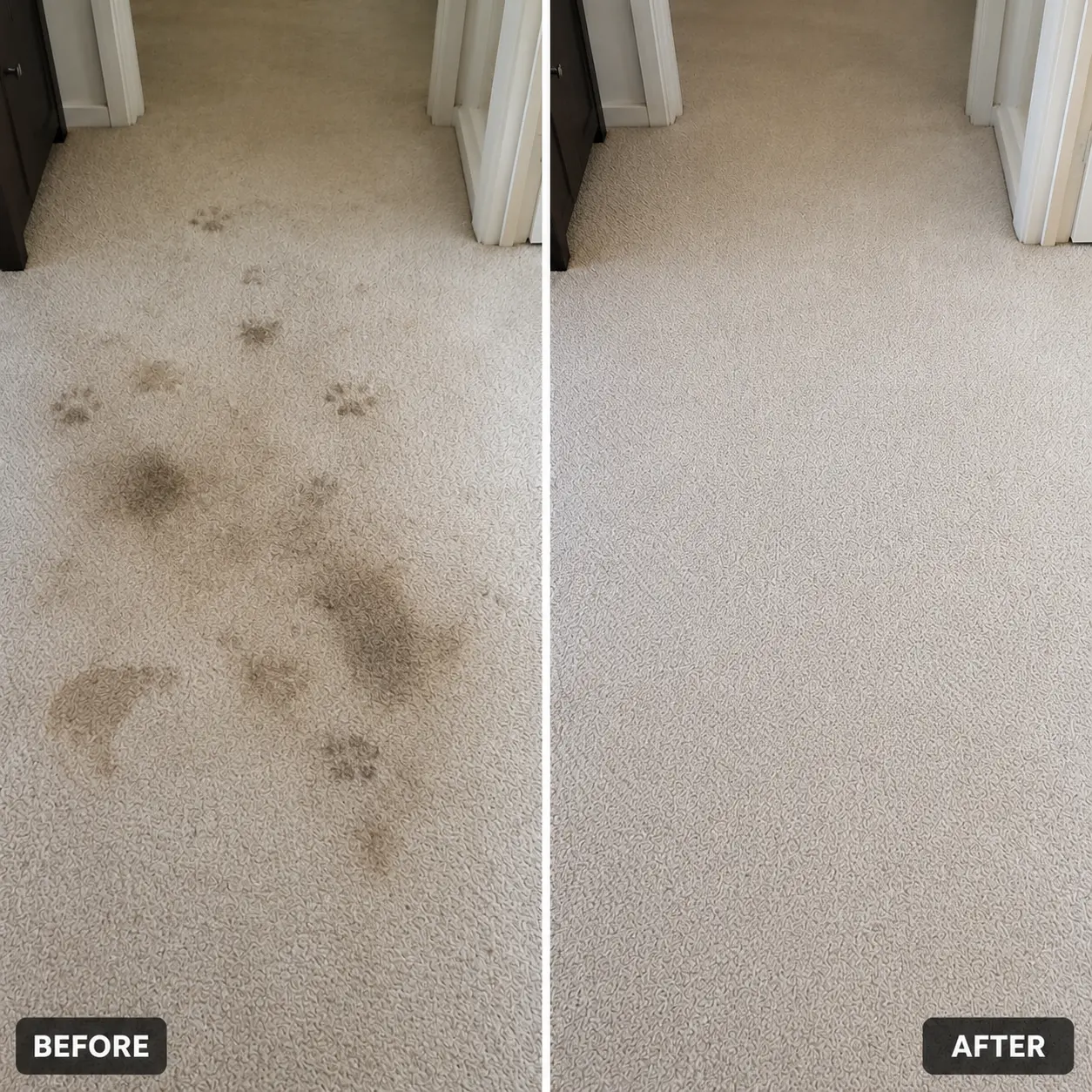 Before and after pet stain and paw print carpet cleaning