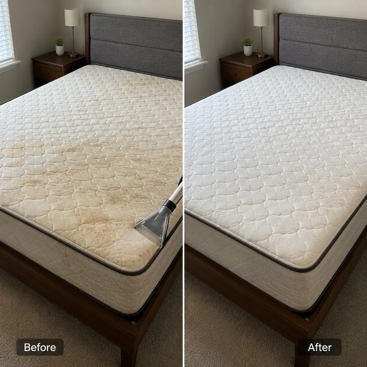 Before and after deep mattress sanitising and stain removal