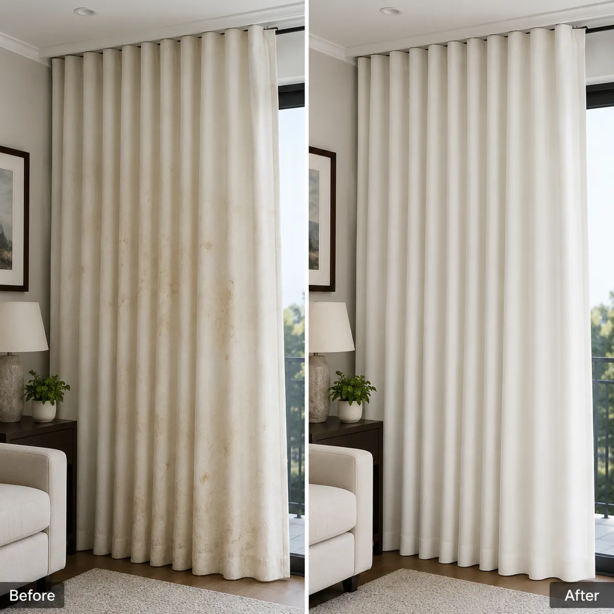 Before and after stain removal on wave fold curtains