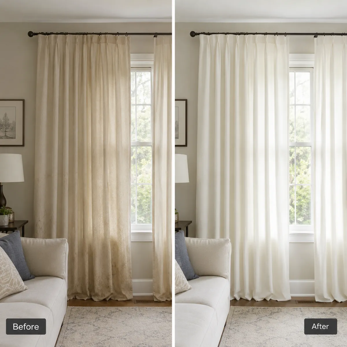 Before and after cream pinch pleat curtain cleaning in a Melbourne lounge